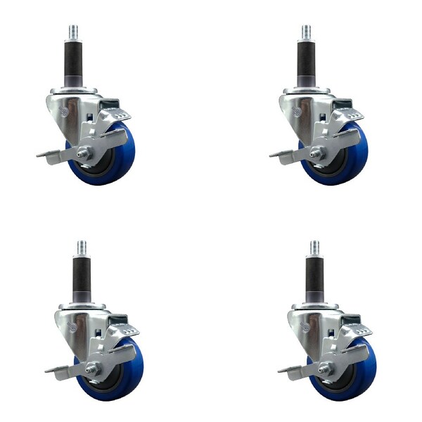 Service Caster 3'' SS Blue Poly Swivel 1'' Expanding Stem Caster Set with Brake, 4PK SCC-SSEX20S314-PPUB-BLUE-TLB-1-4 - main